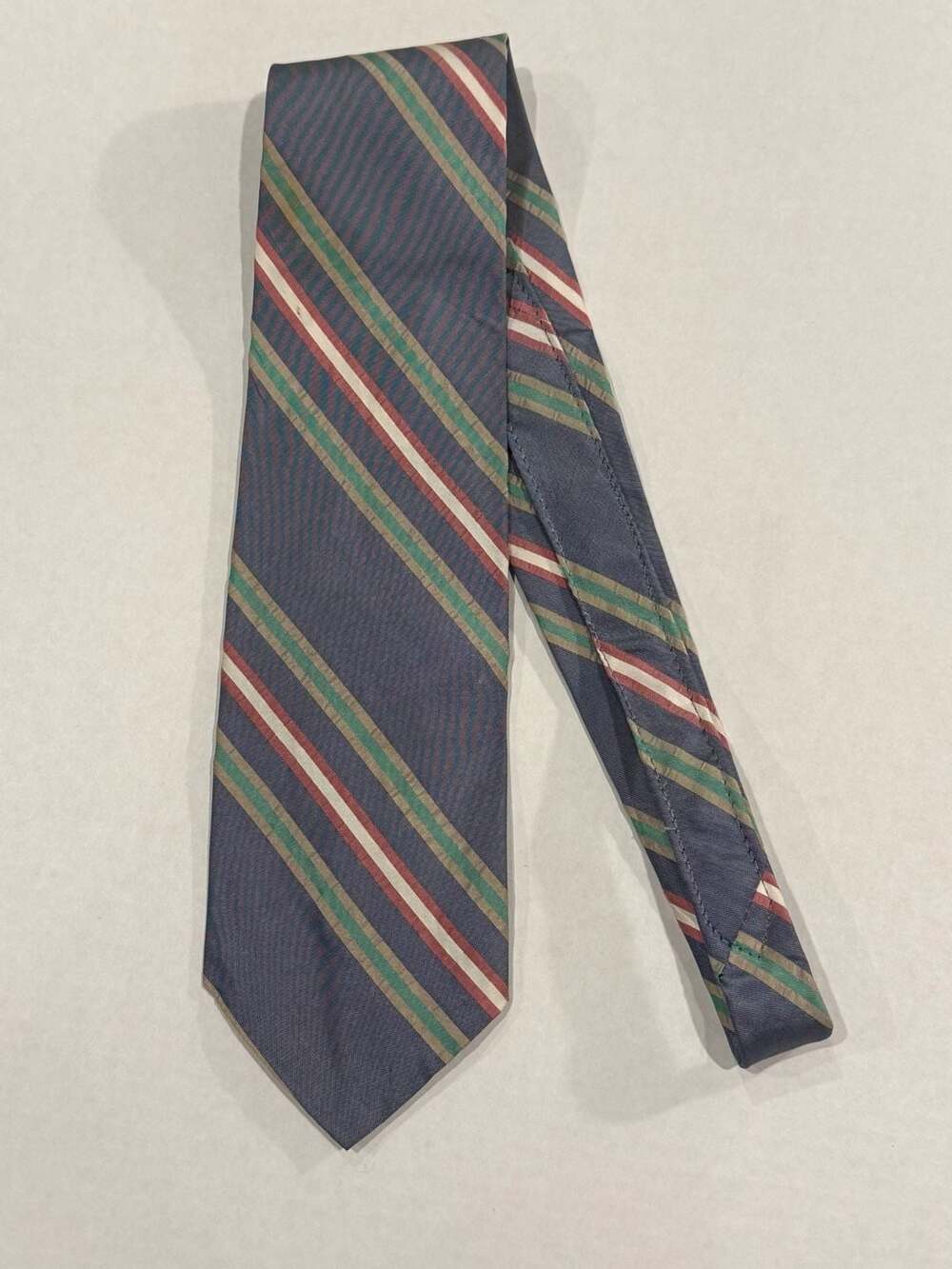 Countess Mara Vintage Silk Striped Necktie in Navy Blue, Green, and Red
